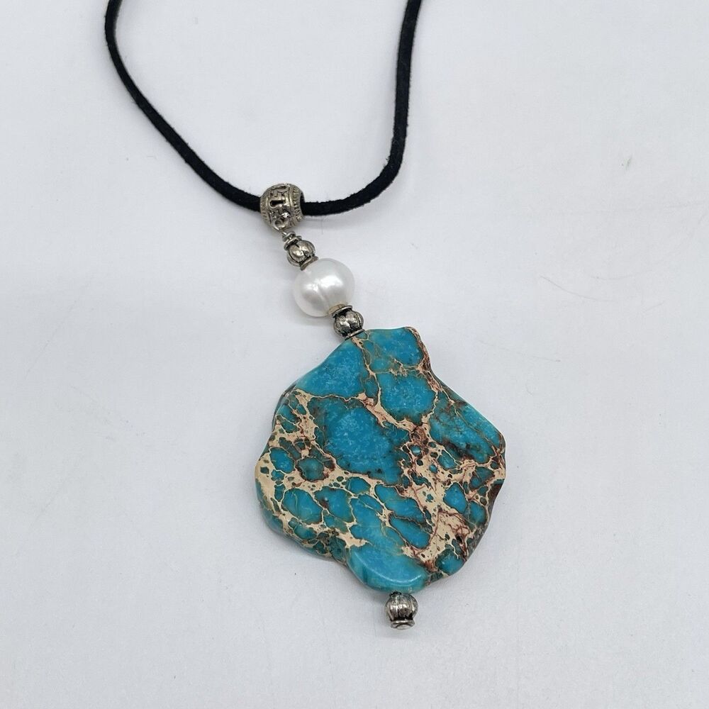 Boho Blue Turquoise Color Stone Pendant Necklace Pearl Accent Black Cord